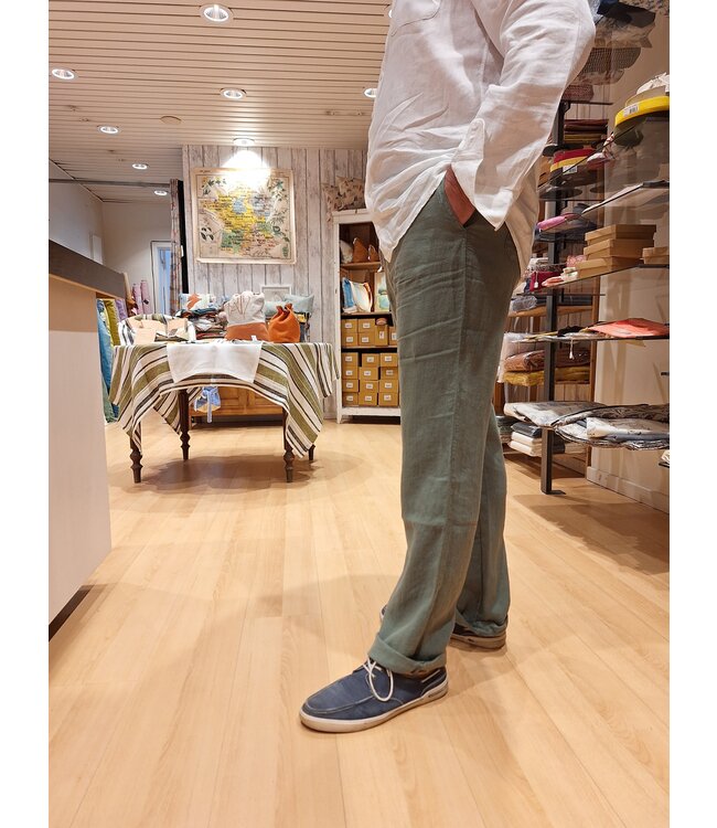 Le grenier du lin Pantalon homme en lin 100% Van olive – Coupe droite, confection européenne