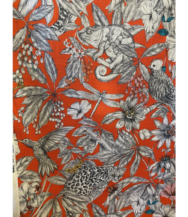 Tissu en lin tropique fond orange vif