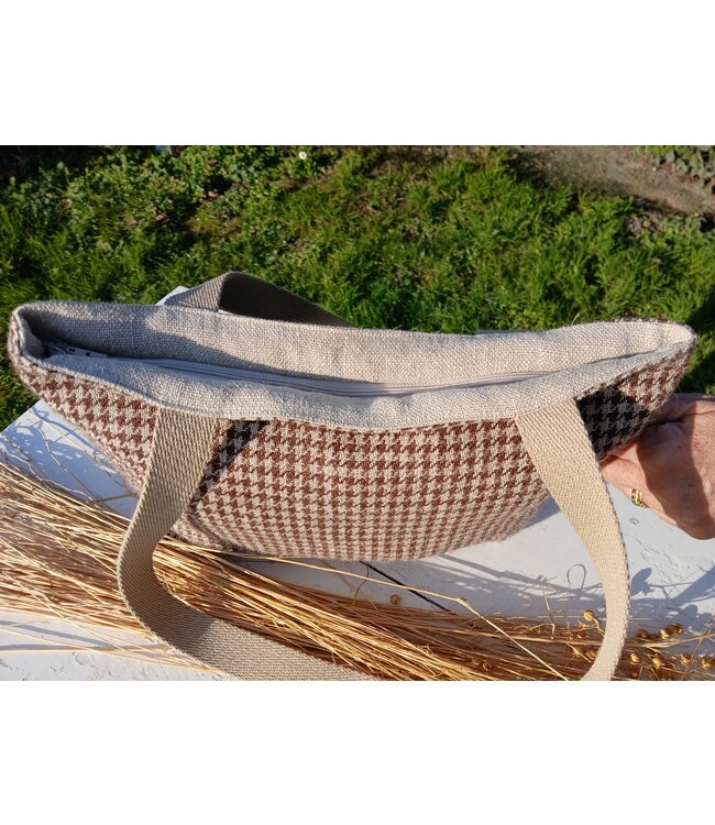 la grenier du lin Sac en lin à anses PIED DE POULE MARRON