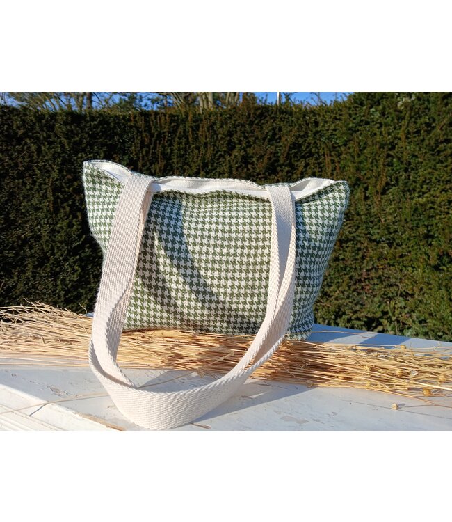 Le grenier du lin Linen bag with handles PIED DE POULE GREEN