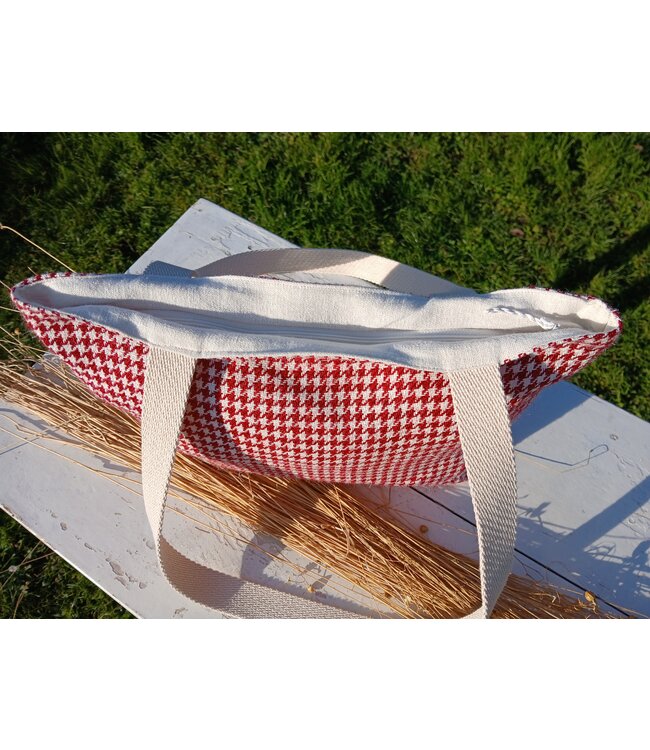 Le grenier du lin Linen bag with handles PIED DE POULE ROUGE