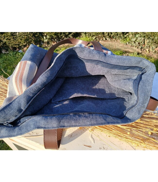 Le grenier du lin Linen bag with imitation leather handles BICOLORE