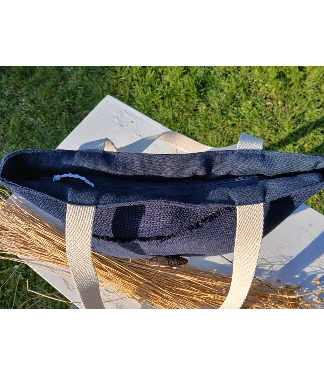 Le grenier du lin Linen bag with handles BOUTON COCO MARINE