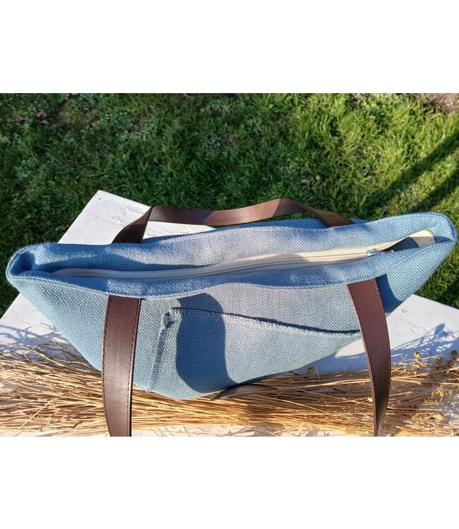 Le grenier du lin Linen bag with handles BOUTON COCO BLEU
