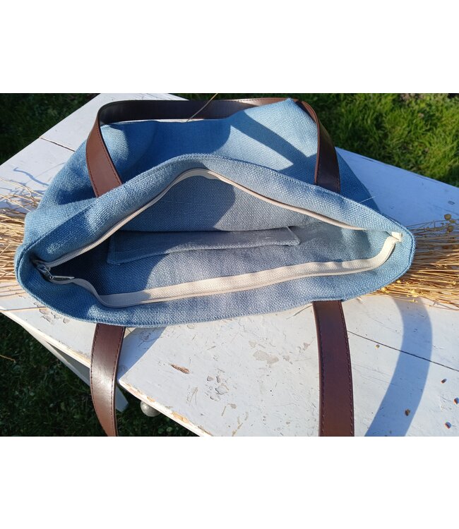 Le grenier du lin Linen bag with handles BOUTON COCO BLEU
