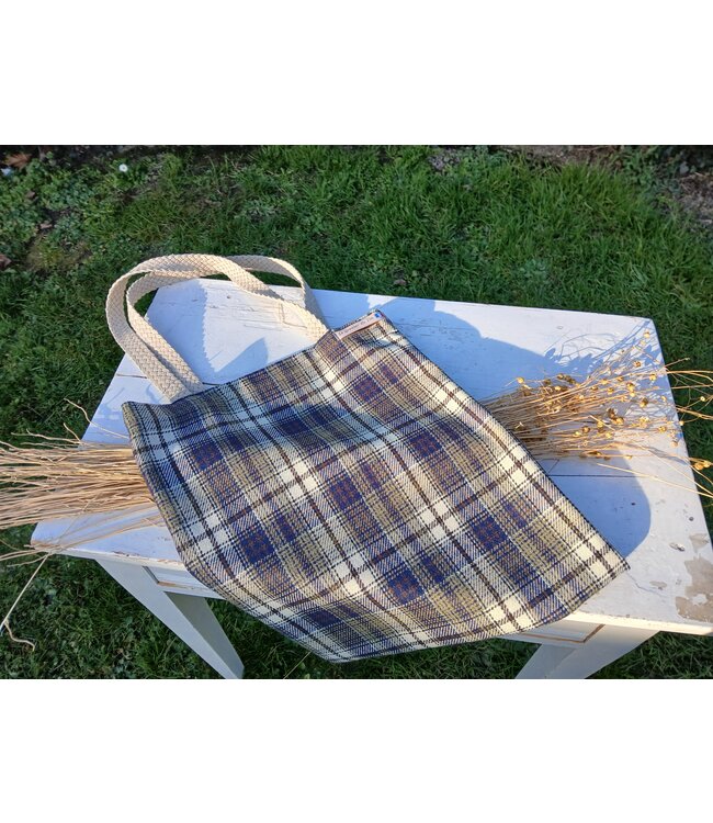 Le grenier du lin Blauw en wit geruite wollen draagtas