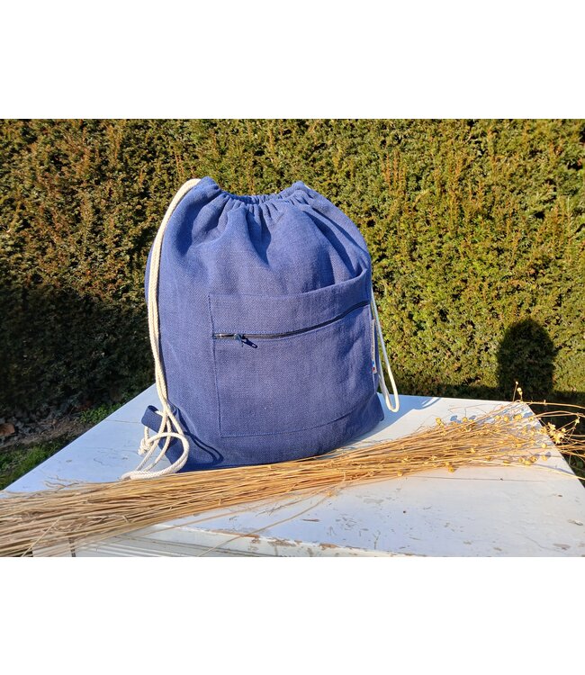 Le grenier du lin Linen string rucksack with dark blue pocket