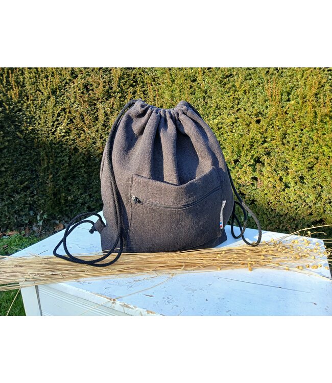 Le grenier du lin Linen string rucksack POCKET BLACK