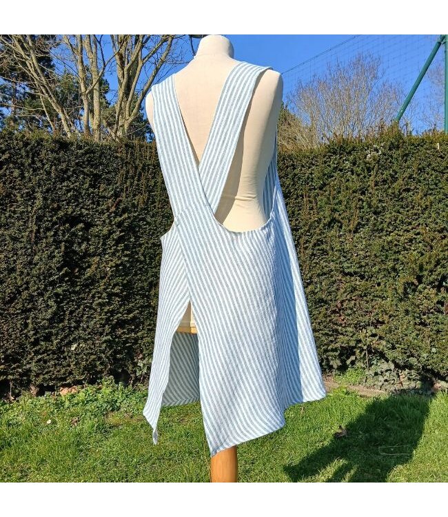 Japanese apron in celadon striped linen