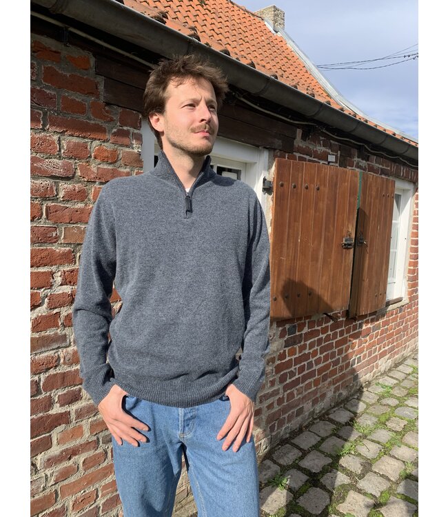 Men's caminneur collar jumper, 100% charcoal merino wool