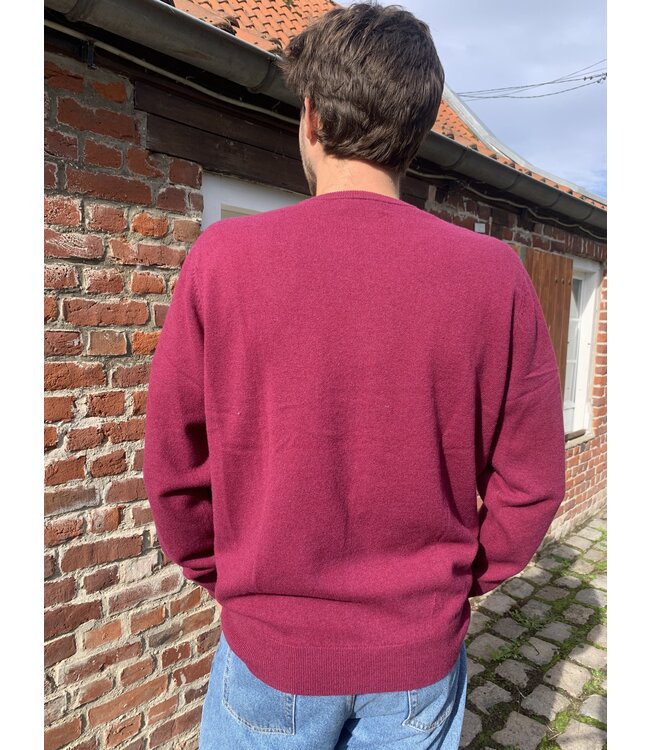 Men's round neck jumper, 100% merino wool, RASPBERRY