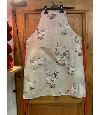 Le grenier du lin linen apron with hen and cockerel design