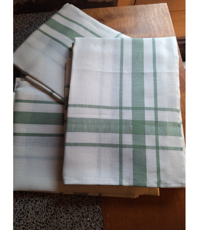 Torchon  traditionnel en lin blanc et vert