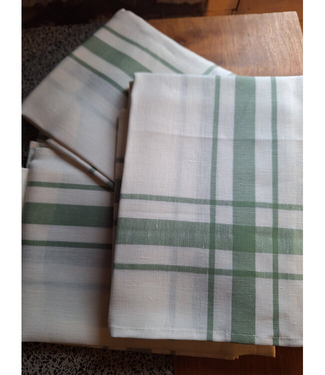 Torchon  traditionnel en lin blanc et vert