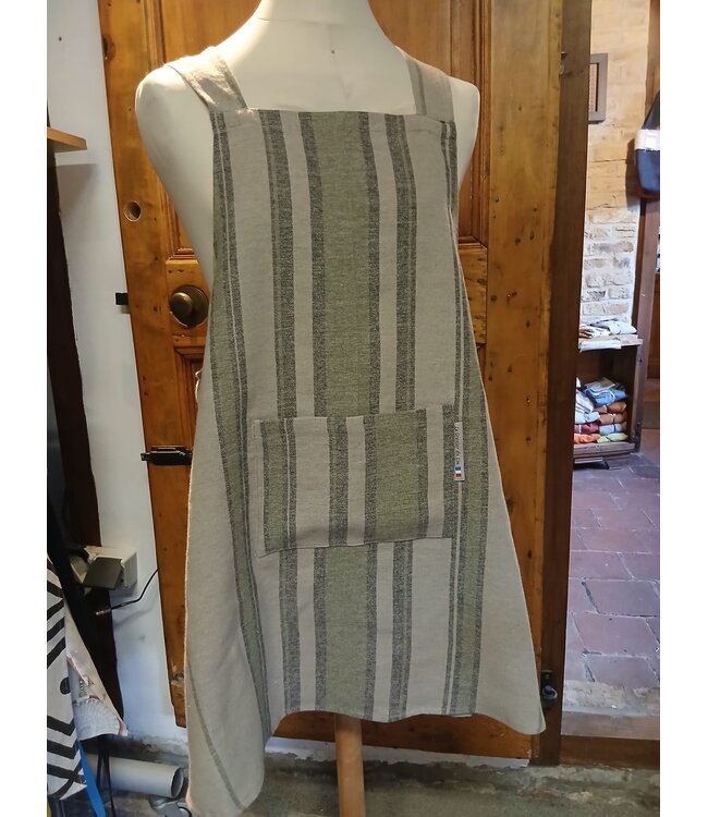 Le grenier du lin Japanese apron in green striped linen