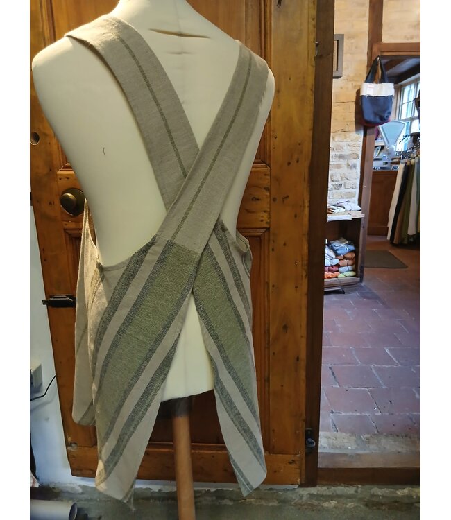 Le grenier du lin Japanese apron in green striped linen
