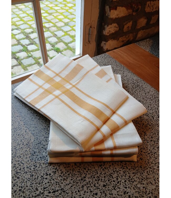 Torchon  traditionnel en lin blanc et jaune