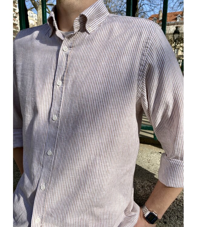 Le grenier du lin Long-sleeved shirt with wide beige stripes