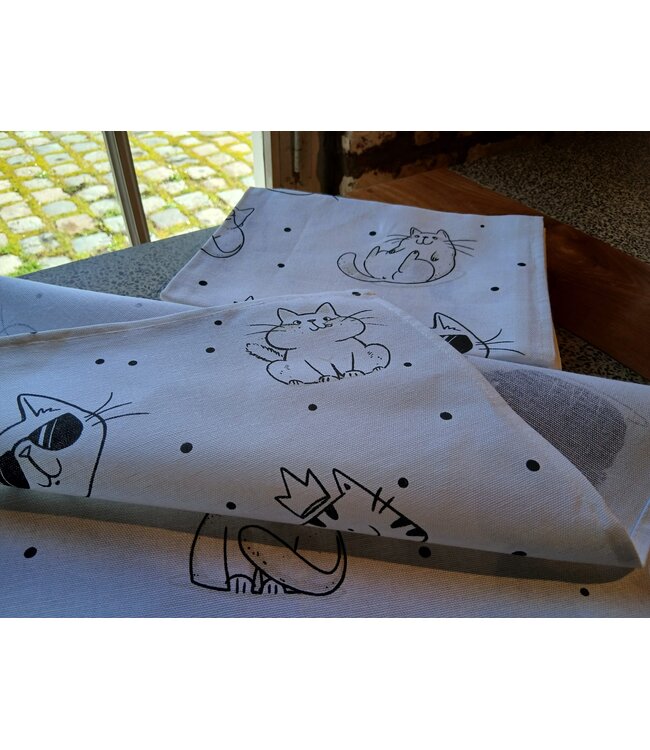 black and white kitten print tea towel