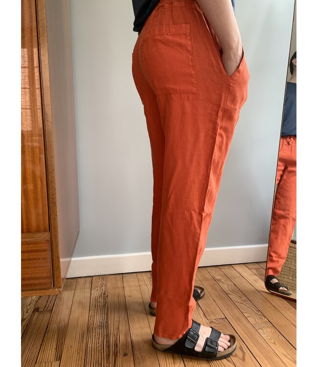 Unisex relaxed-fit linen trousers in burnt earth