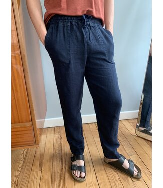 Unisex navy blue relaxed-fit linen trousers