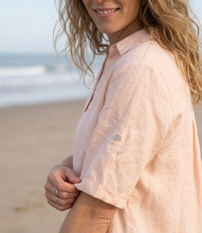 Le grenier du lin Robe en lin Lia rose poudré – Robe d’été élégante, légère et féminine