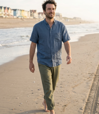 Le grenier du lin Chemise col mao manches courtes bleu délavé