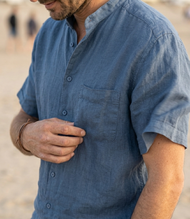 Le grenier du lin Chemise homme col mao bleu délavé en lin 100% – manches courtes
