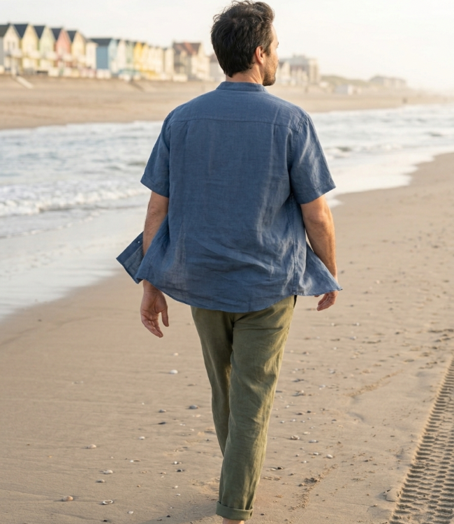 Le grenier du lin Chemise homme col mao bleu délavé en lin 100% – manches courtes