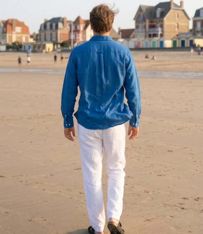 Chemise homme en lin bleu océan 100% – col classique