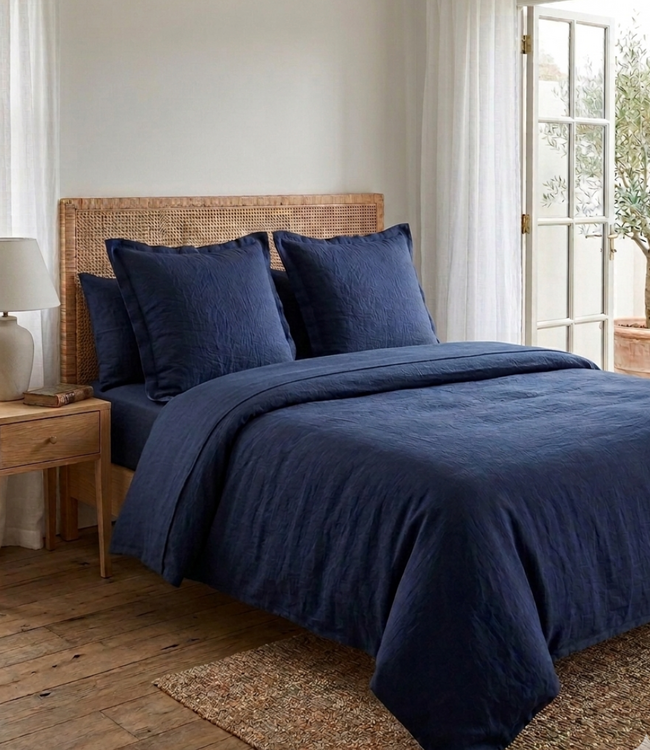 Drap housse en lin bleu de chine