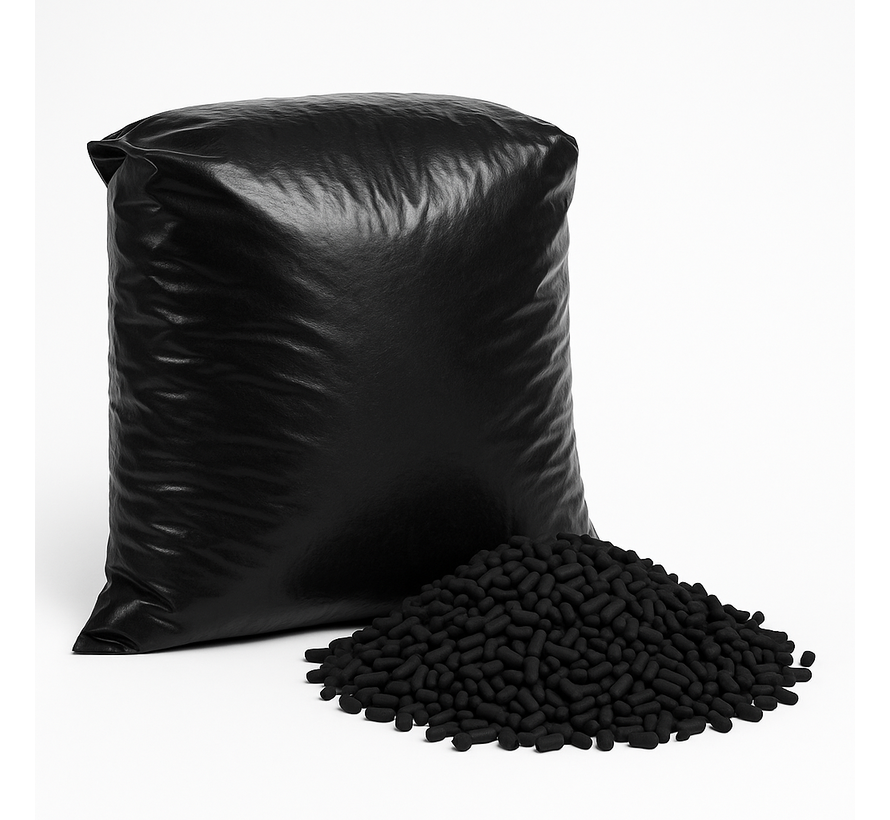 25 kg bag of activated carbon granules (pellets) for air filtration. Suitable for removing odours, VOCs and harmful substances in ventilation and air extraction systems.