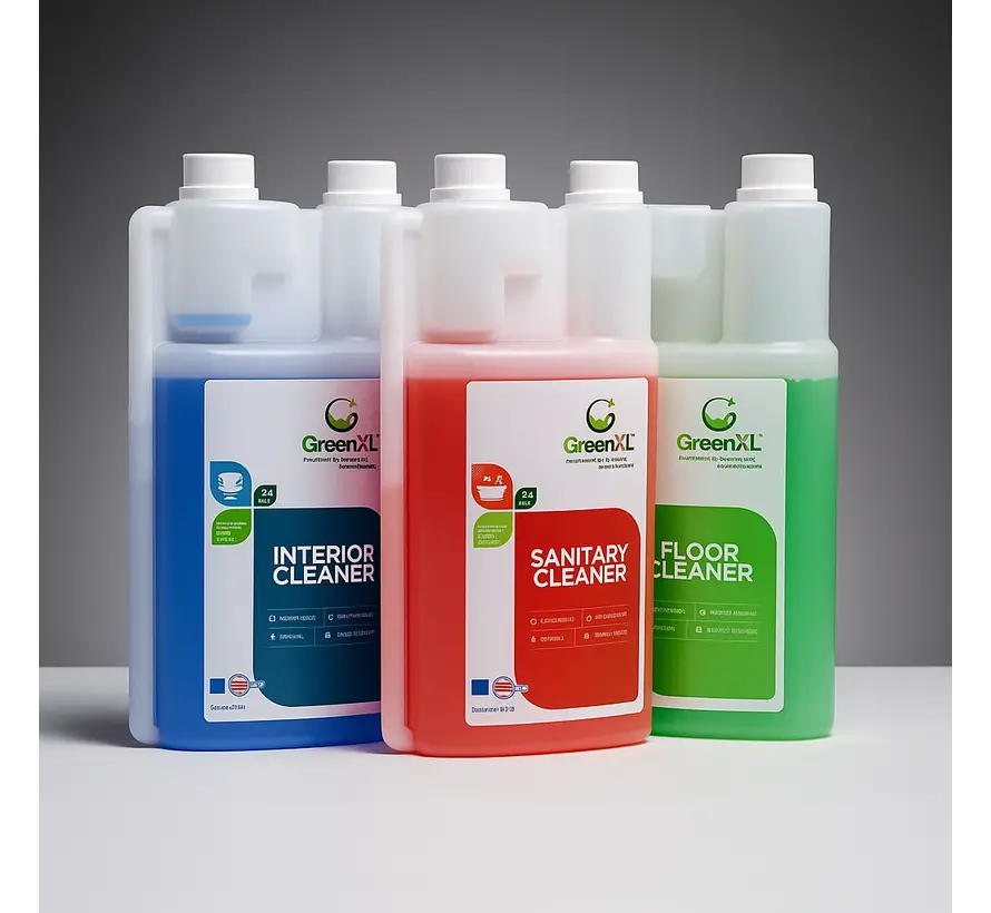 Green XL Cleaning Kit with 3 biodegradable cleaners: Interior, Floor and Sanitary. Sustainable, effective and skin-friendly cleaning.