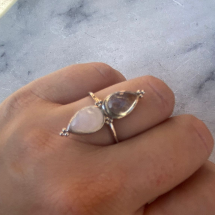 Double Ring Moonstone Aquamarijn - maat 19 - 925 zilver