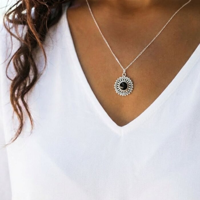 Ketting Flower Onyx - 925 zilver