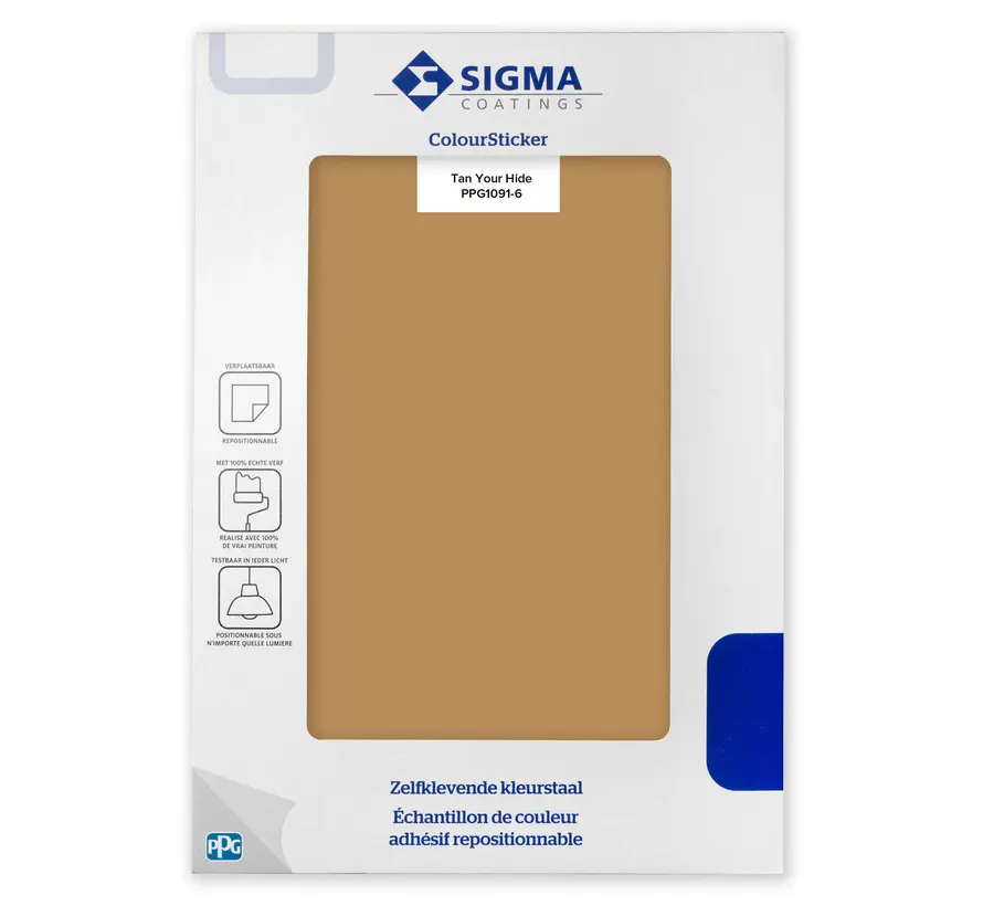 Kleurstaal Sigma ColourSticker Tan Your Hide PPG1091-6 | Zelfklevende Kleurstaal - A5 Formaat