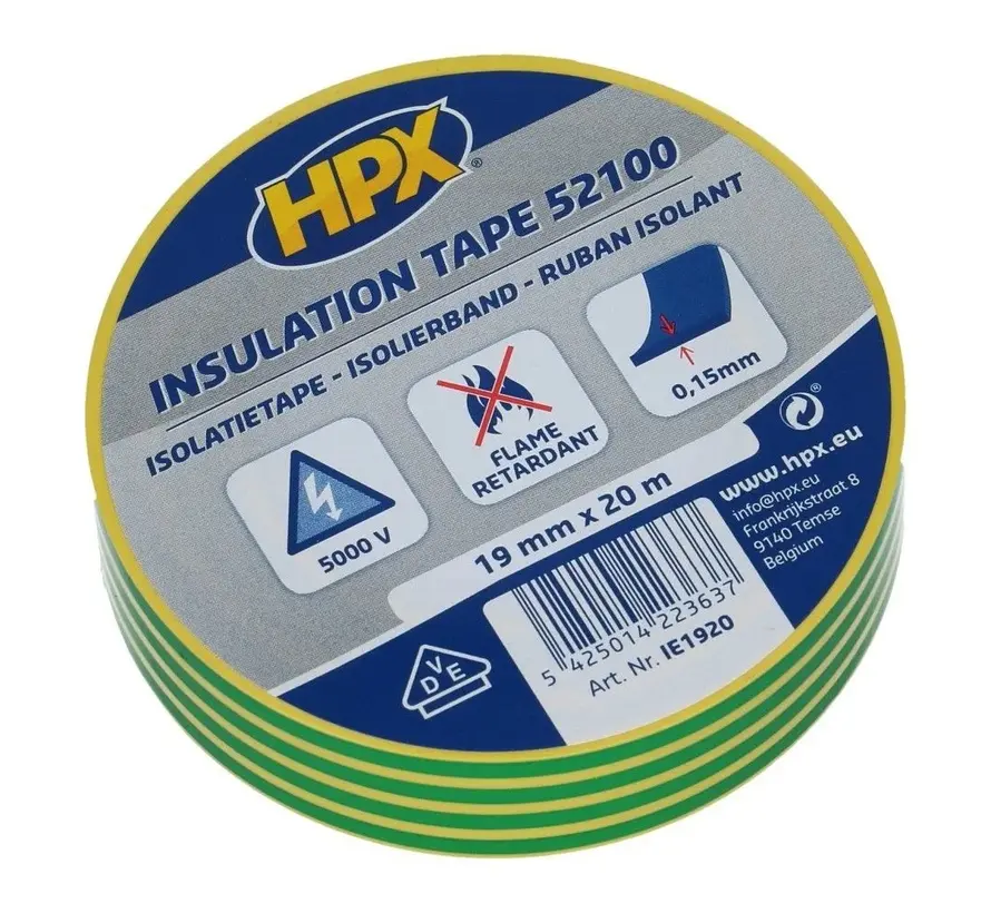 HPX Tapes PVC Isolatietape Geel/Groen 20 mtr - 1 ST 