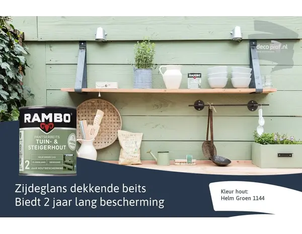 Rambo Pantserbeits Tuin&Steigerhout Zijdeglans Dekkend Helm Groen 1144 Rambo Pantserbeits Tuin&Steigerhout Zijdeglans Dekkend Helm Groen 1144