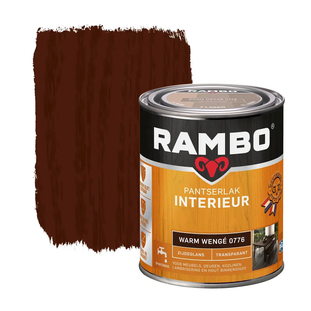 Rambo Pantserlak Interieur Transparant Zijdeglans Warmwengé 0776 Rambo Pantserlak Interieur Transparant Zijdeglans Warmwengé 0776