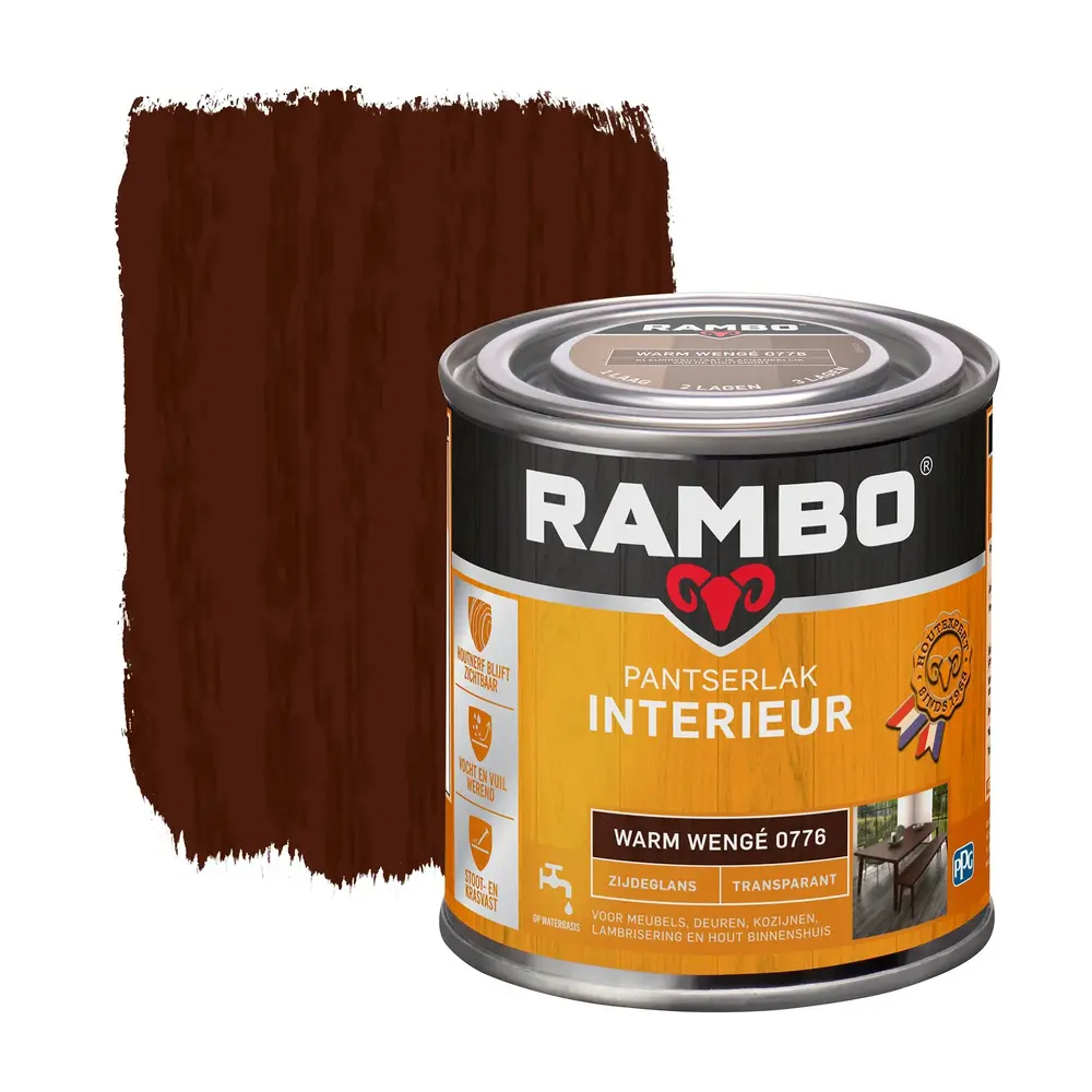 Rambo Pantserlak Interieur Transparant Zijdeglans Warmwengé 0776 Rambo Pantserlak Interieur Transparant Zijdeglans Warmwengé 0776