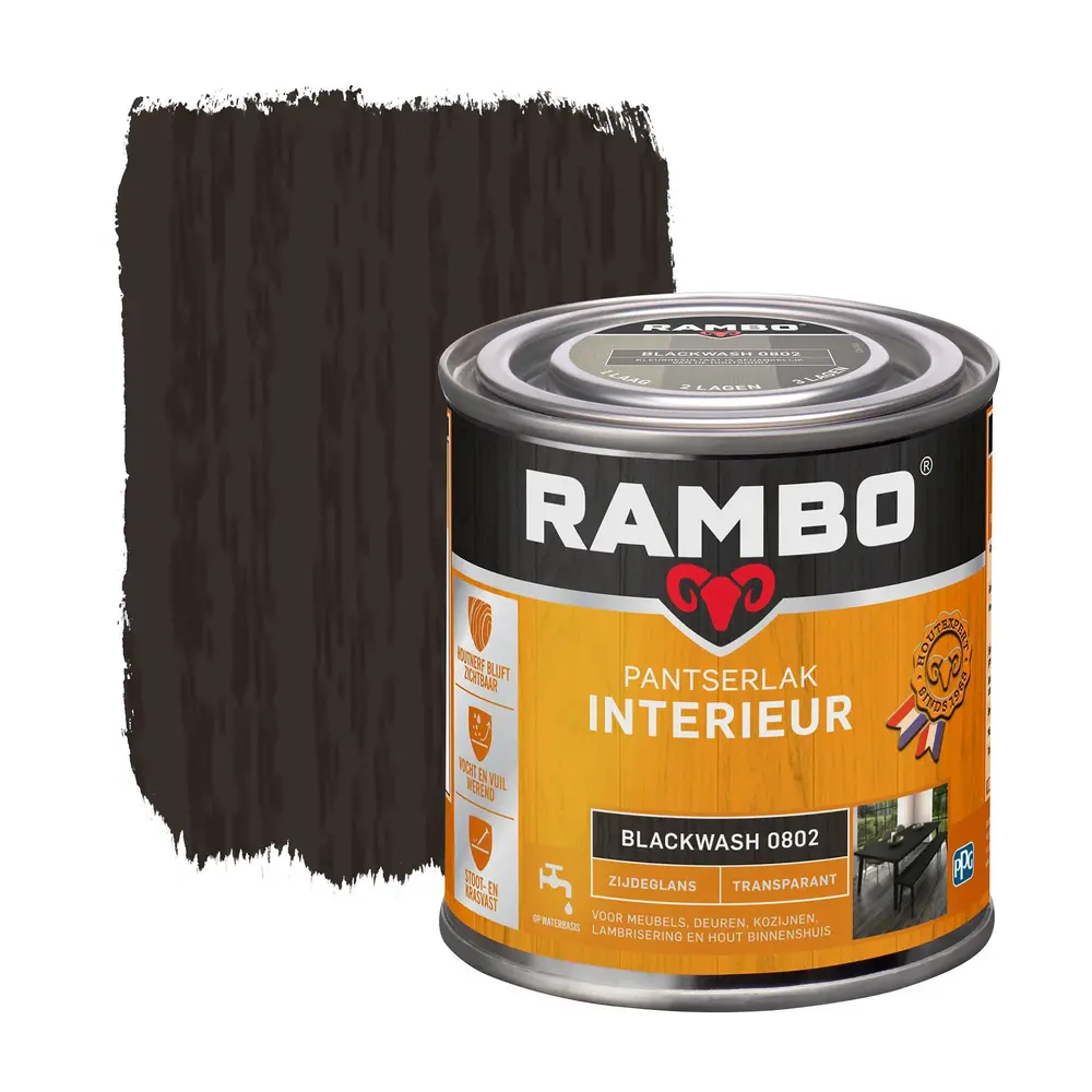 Rambo Pantserlak Interieur Transparant Zijdeglans Blackwash 0802 Rambo Pantserlak Interieur Transparant Zijdeglans Blackwash 0802