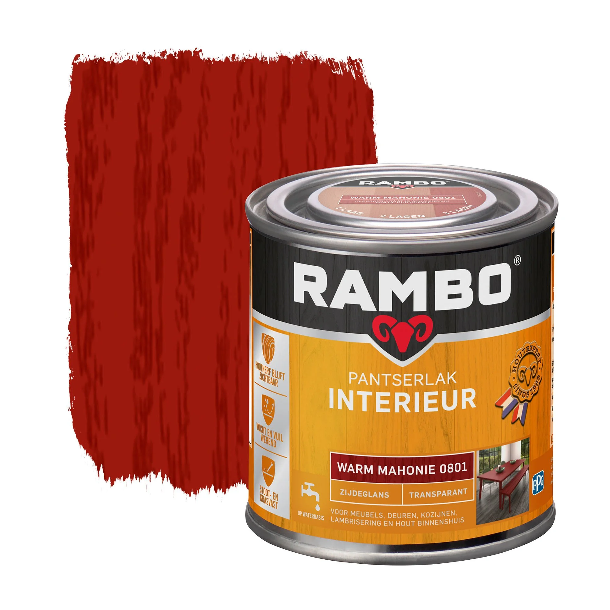 Pantserlak Interieur Transparant Zijdeglans Warm Mahonie 0801 | 250 ML
