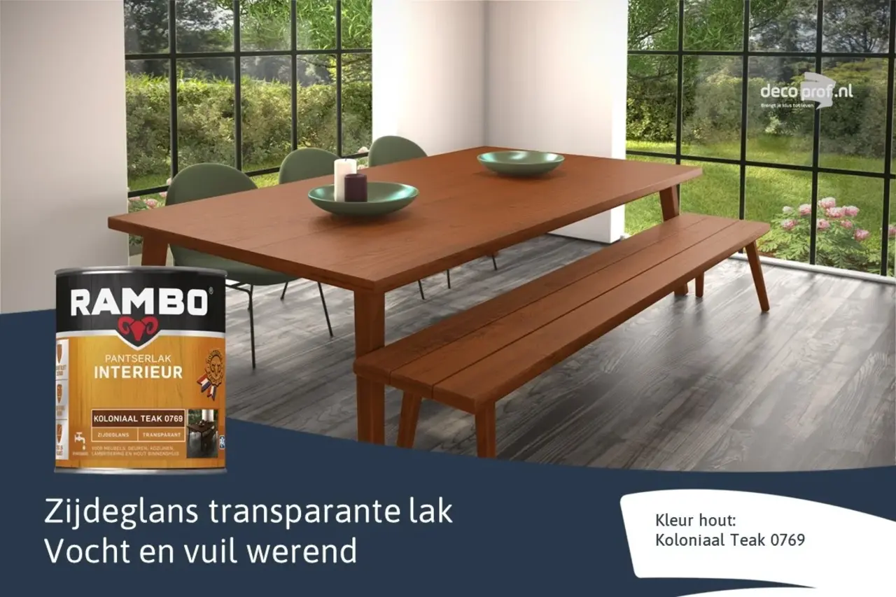 Rambo Pantserlak Interieur Transparant Zijdeglans Koloniaalteak 0769 Rambo Pantserlak Interieur Transparant Zijdeglans Koloniaalteak 0769