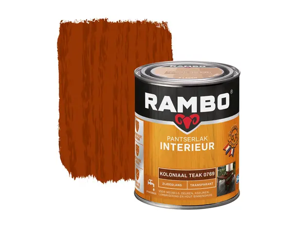 Rambo Pantserlak Interieur Transparant Zijdeglans Koloniaalteak 0769 Rambo Pantserlak Interieur Transparant Zijdeglans Koloniaalteak 0769