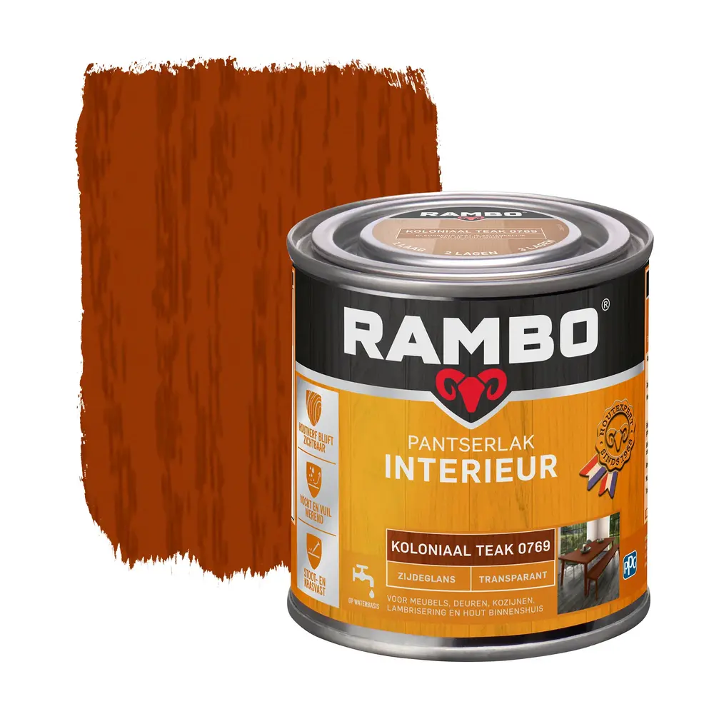 Rambo Pantserlak Interieur Transparant Zijdeglans Koloniaalteak 0769 Rambo Pantserlak Interieur Transparant Zijdeglans Koloniaalteak 0769
