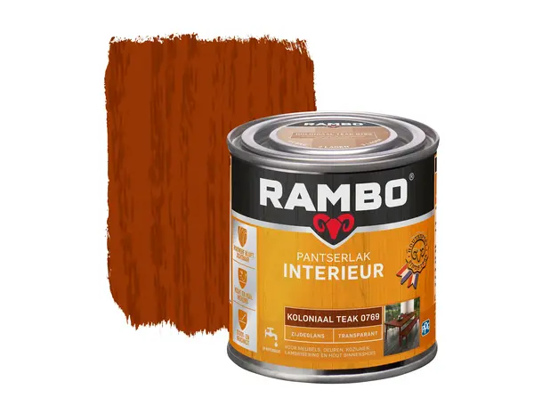 Rambo Pantserlak Interieur Transparant Zijdeglans Koloniaalteak 0769 Rambo Pantserlak Interieur Transparant Zijdeglans Koloniaalteak 0769