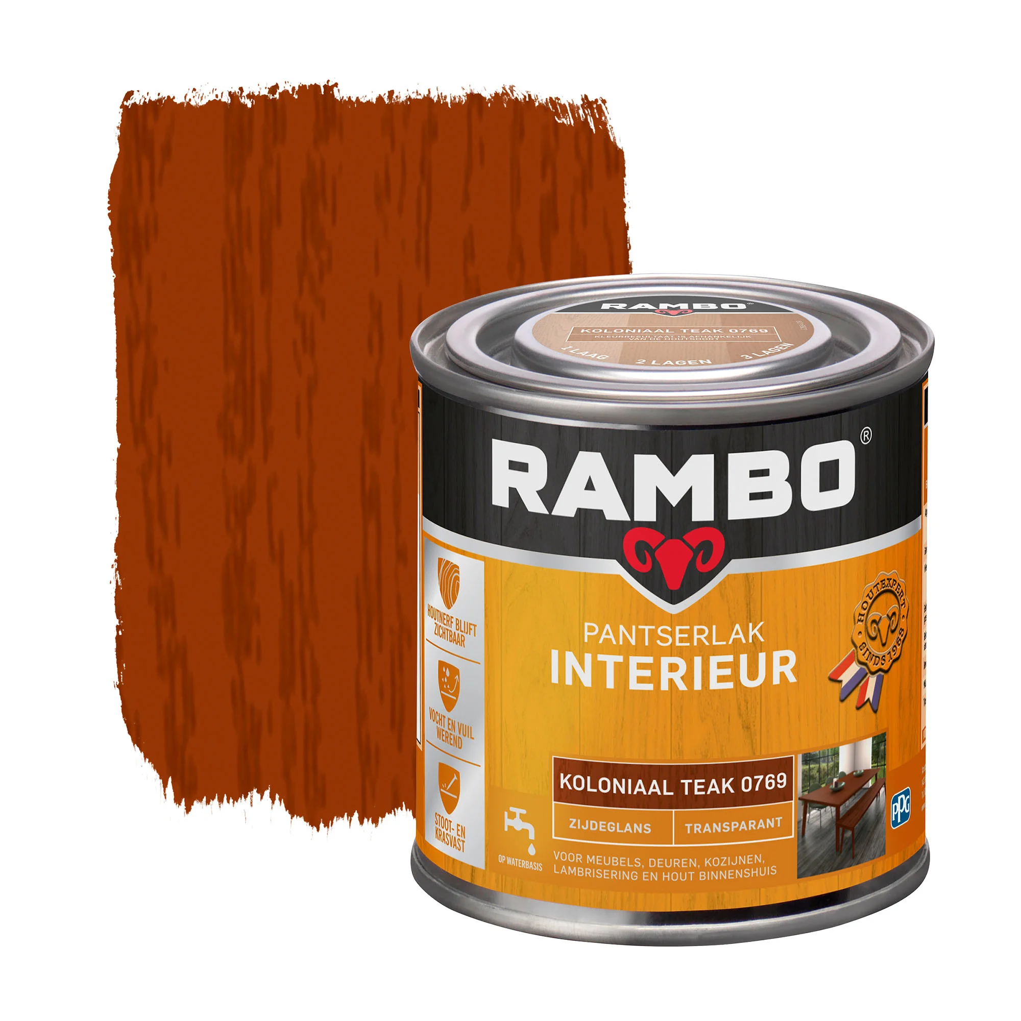 Pantserlak Interieur Transparant Zijdeglans Koloniaalteak 0769 | 250 ML