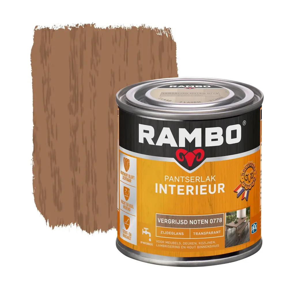 Rambo Pantserlak Interieur Transparant Zijdeglans Vergr.Noten 0778 Rambo Pantserlak Interieur Transparant Zijdeglans Vergr.Noten 0778