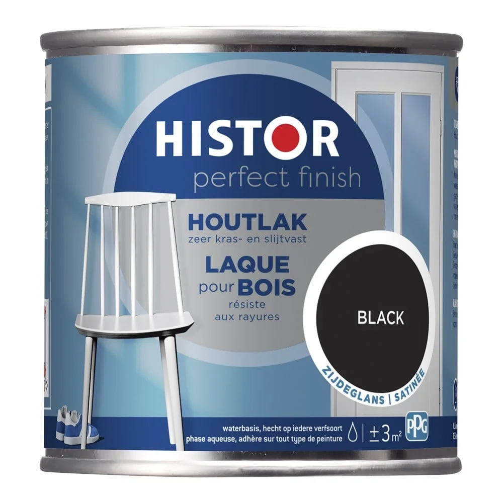 Histor Perfect Finish Houtlak Zijdeglans - Krasvast & Slijtvast - Dekkend - 0.25L - Black - Zwart