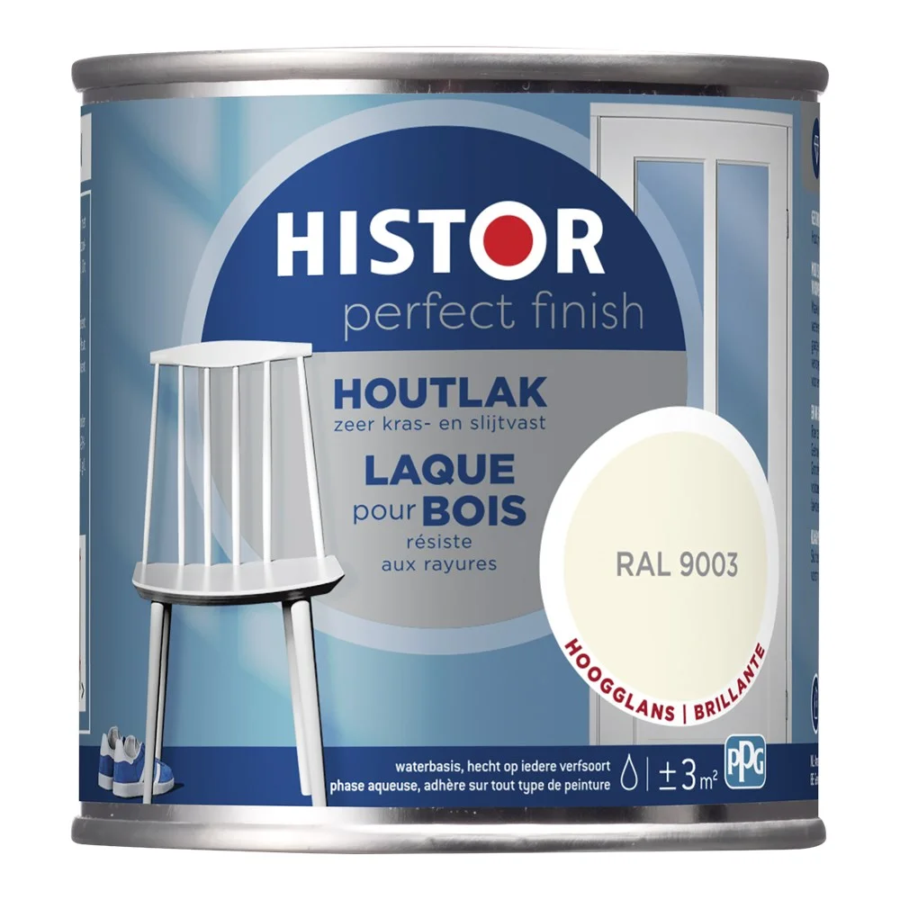 Histor Perfect Finish Houtlak Hoogglans - Krasvast & Slijtvast - Dekkend - 0.25L - RAL 9003 - Wit